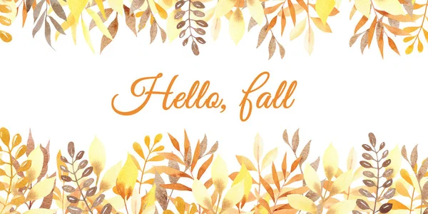 Watercolor Yellow Autumn Leaves Frame Hello Fall Autumn Templates Your — Stock Photo, Image