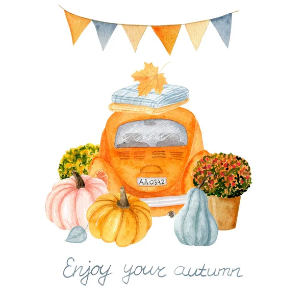 Watercolor Orange Car Autumn Decoration Pumpkins Flags Flowerpots Autumn Designs — Stock Photo, Image