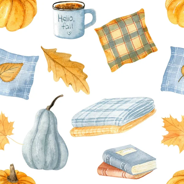 水彩画 秋天舒适的毛毯 书籍和一杯咖啡 雪白的秋天格子花和橙花 秋天的气氛 — 图库照片