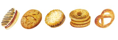 Suluboya fırın klip seti kurabiyeler. Kafe menüsü için, kahveci için, çıkartmalar ve kartpostallar için, taze hamur işi seven herkes için.