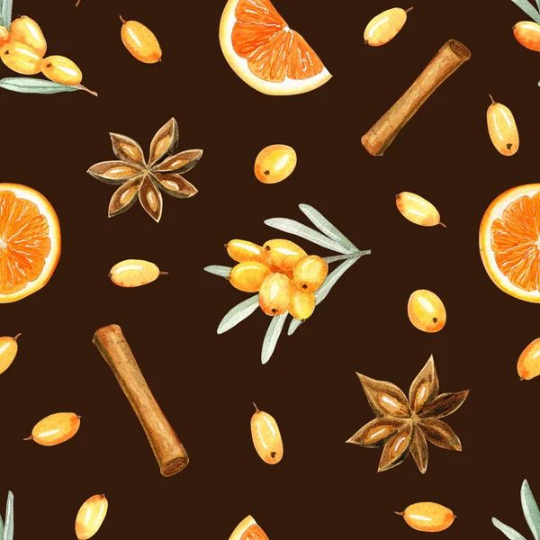 Anason, portakal ve deniz dikenli suluboya desenli. Vitamin ve sağlık. Kış ya da sonbahar havası