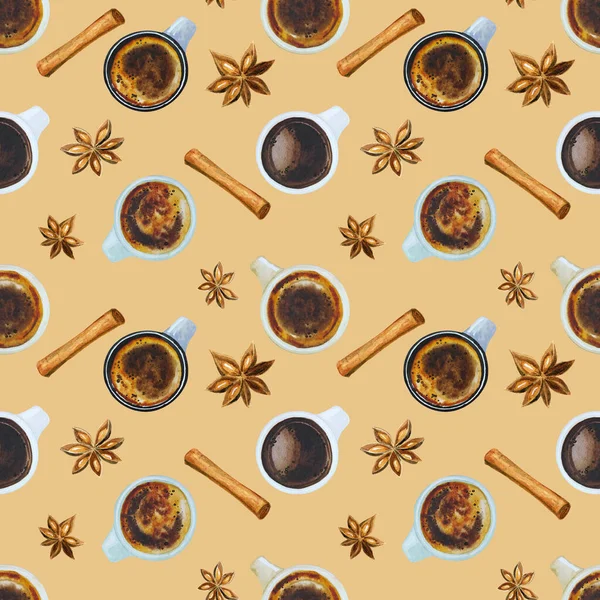 Suluboya dikişsiz kahve molası. Bir fincan kahve, kapuçino, latte, kruvasan. Samimi sonbahar tasarımı.