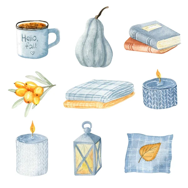 Watercolor autumn set. Pumpkin, books, autumn leaves, candle, cup of coffee and other fall elements