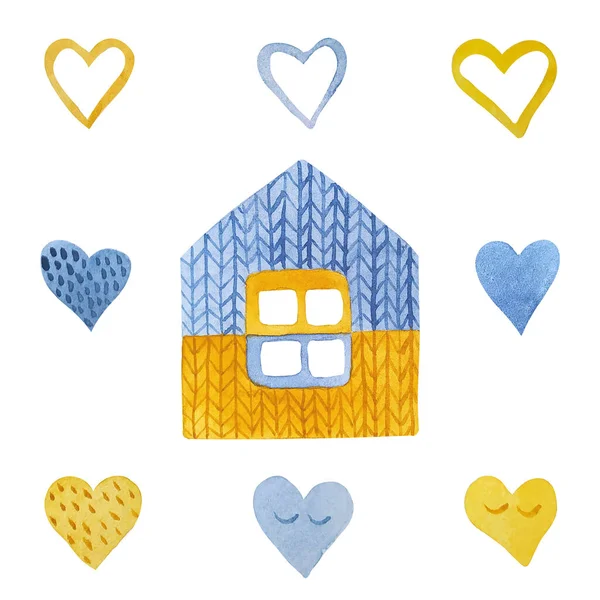 Watercolor Hand Painted Knitting Homes Hearts Blue Yellow Ukraines Support — Stock Photo, Image