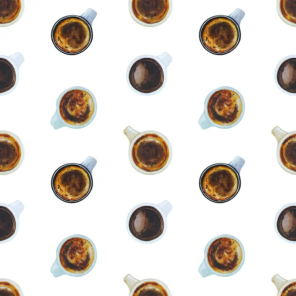 Suluboya dikişsiz kahve molası. Bir fincan kahve, kapuçino, latte, kruvasan. Samimi sonbahar tasarımı.