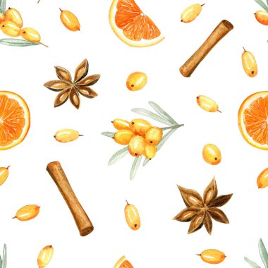 Anason, portakal ve deniz dikenli suluboya desenli. Vitamin ve sağlık. Kış ya da sonbahar havası