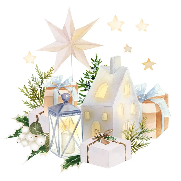 Mum ev, pamuk çiçeği ve kartlar, davetiyeler ve diğer tasarım unsurları için yeşil dallarla suluboya Noel kompozisyonu