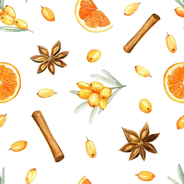 Anason, portakal ve deniz dikenli suluboya desenli. Vitamin ve sağlık. Kış ya da sonbahar havası