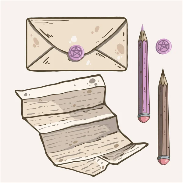 Brief, enveloppe, verzegeling en penile vintage set — Stockvector