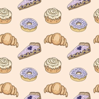 Tarçınlı çörek, yabanmersinli turta, çörek ve dikişsiz kruvasan.