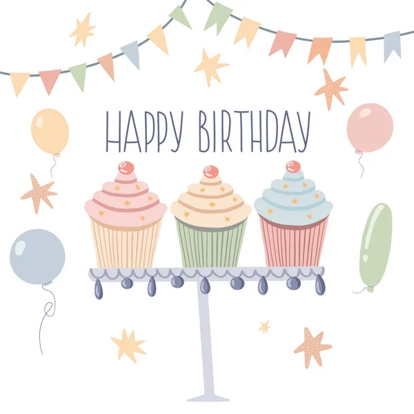 Biglietto di auguri di compleanno con cupcake e palloncini in colori pastello — Vettoriale Stock
