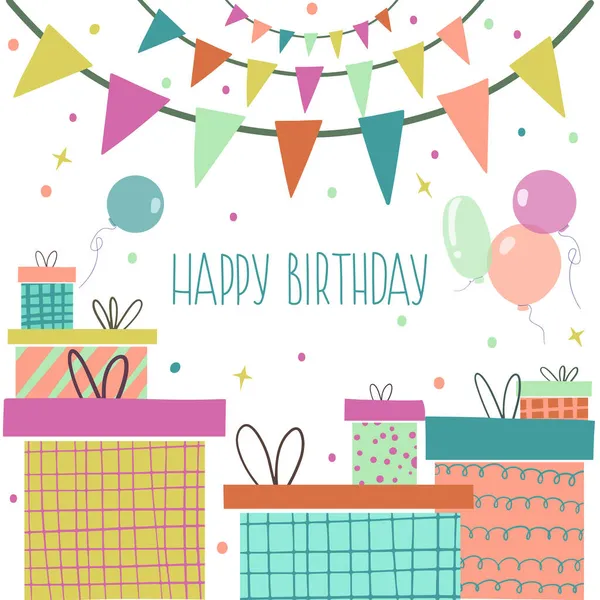 Tarjeta de felicitación de cumpleaños en colores brillantes con cajas de regalo — Vector de stock