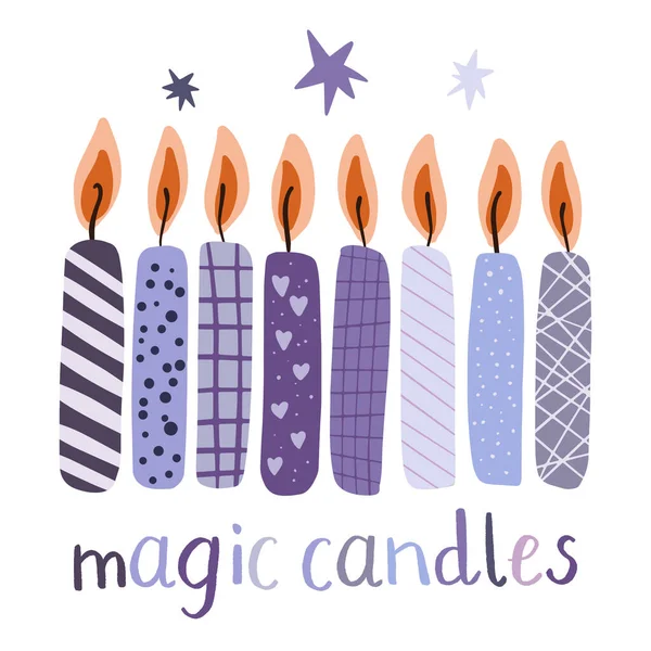 Set viola di magiche candele di cera wiccan stelle e scritte — Vettoriale Stock