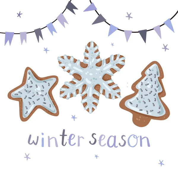 Acogedora ilustración de temporada de invierno con galletas de jengibre, banderas adn copos de nieve — Vector de stock