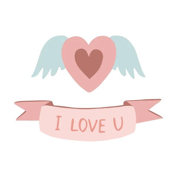 Romantic illustration of angel wings heart and a ribbon with saying i love you — Vetor de Stock