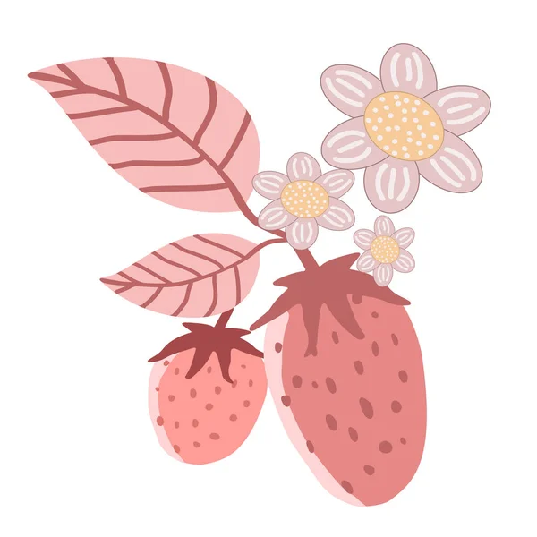 Niedliche Erdbeeren mit rosa Blättern und Blüten auf weißem Hintergrund — Stockvektor