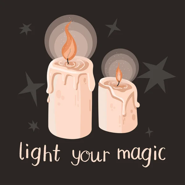 Deux bougies de cire magique brûlantes avec citation sur un fond sombre — Image vectorielle