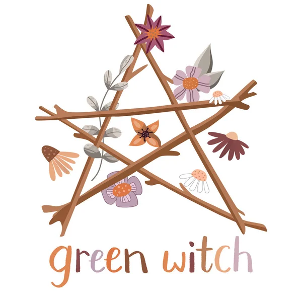Virágos wicca pentacle zöld boszorkánnyal. Faágakból és virágokból készült pogány szimbólum. — Stock Vector