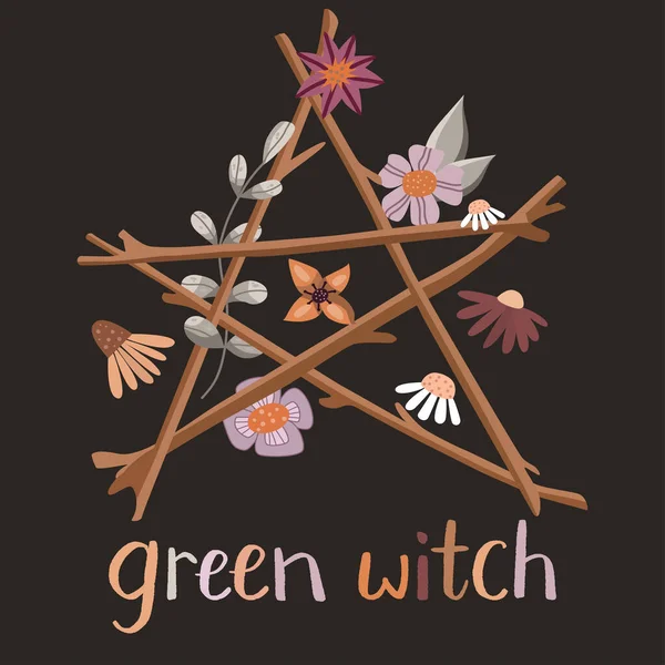 Floral wiccan πεντάλφα με λέγοντας πράσινη μάγισσα — Διανυσματικό Αρχείο