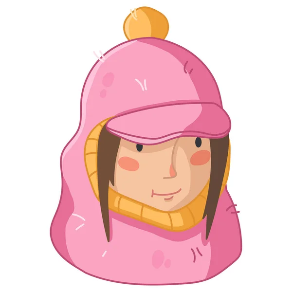 Carino personaggio ragazza dei cartoni animati in rosa e giallo cappello a balaclava lavorato a maglia — Vettoriale Stock