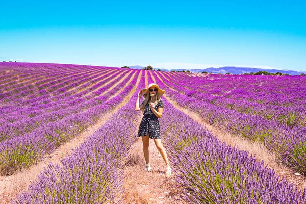 Een Lavendelveld Provence Zuid Frankrijk Met Een Meisje Een Bloemenjurk — Stockfoto