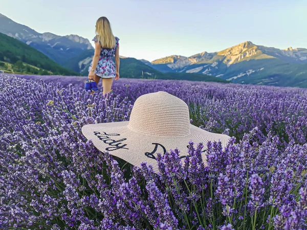 Hat Lavender Field Young Woman Her Arms Raised Backdrop Mountains — Stockfoto