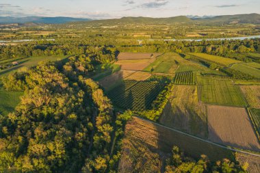 Rhone Nehri 'nin havadan görünüşü. Fransa 'nın Le Pouzin kasabasının yakınlarında. Gün batımında Etrafındaki tarlaları gölgeleyen ağaçlar. Gün batımında tarım arazisi. Ağaç gölgeleri