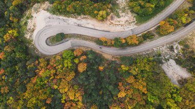 Yüksek bir dağdan gelen dolambaçlı bir yolun havadan görünüşü yoğun bir sonbahar ormanından geçer..