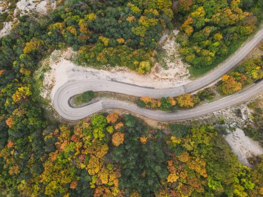 Yüksek bir dağdan gelen dolambaçlı bir yolun havadan görünüşü yoğun bir sonbahar ormanından geçer..