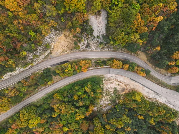 Aerial View Winding Road High Mountain Pass Dense Colorful Autumn — Stock Photo, Image