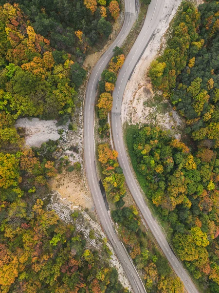 Aerial View Winding Road High Mountain Pass Dense Colorful Autumn — Stock Photo, Image