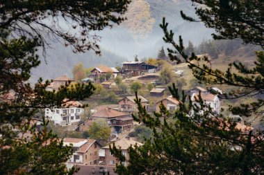 Ağaçların arasındaki tepede bir köy. Güzel Avrupa manzarası. Dağlarda sis, sonbahar havası. Tuğla evler.
