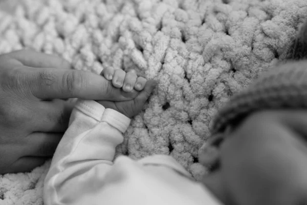 Newborn baby holding parents hand. Black and white close up shot of babys hand and fingers. Gentle family moments. — стоковое фото