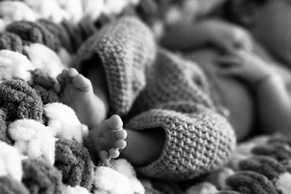 Black and white shot of baby feet. Fluffy blanket underneath and wool clothes. Family moments. Babys first photoshoot. — стоковое фото