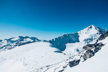 Bulgaristan 'daki çarpıcı dağ tepesi. Beyaz karlı dağ tepesiyle kaplı. Altında ağaçlar var. Yukarıda mavi gökyüzü.