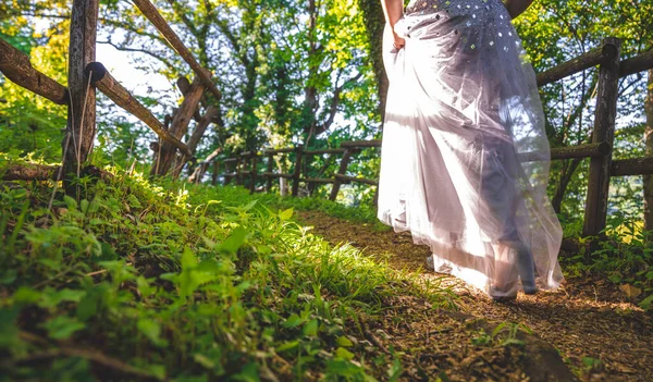 Girl with a beautiful prom dress is walking on a path in the forest. Beautiful Cinderella fairytale. High quality photo