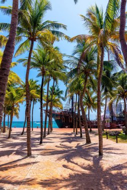 Cancun, Meksika. 30 Mayıs 2021. Deniz kıyısına demirlemiş korsan gemisine karşı hindistan cevizi ağaçları