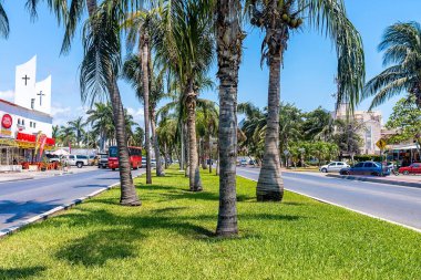 Cancun, Meksika. 30 Mayıs 2021. Palmiye ağaçları ve çimenler yol trafiği ve dükkanlarla bölünmüş