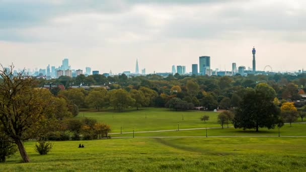 Krásný výhled na panorama Londýna z vrcholu kopce v parku — Stock video