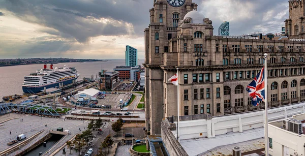 Bandeira Britânica Topo Edifício Liverpool Reino Unido Vista Aérea Bandeira — Fotografia de Stock