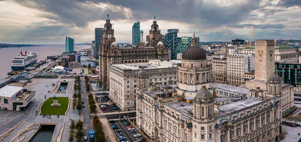 Vista Aérea Horizonte Liverpool Incluindo Igreja Catedral Católica Romana Mersey — Fotografia de Stock