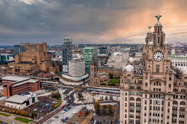 Fecho Aéreo Torre Royal Liver Building Liverpool Reino Unido Durante — Fotografia de Stock