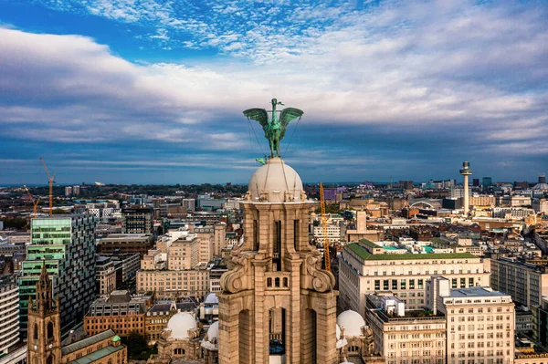 Primer plano aéreo de la torre del Royal Liver Building en Liverpool —  Fotos de Stock