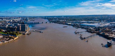 Aerial view of the London city dam or Thames Flood Barrier clipart