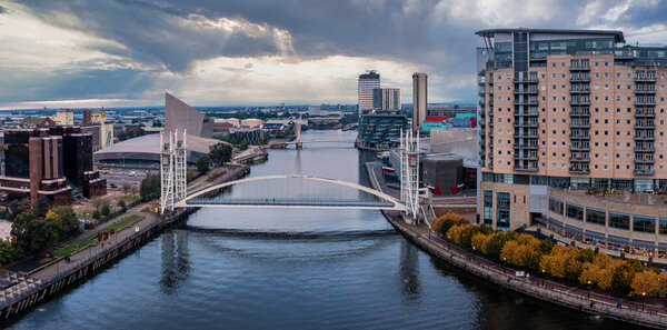 Air view of the Media City UK is on the banks of the Manchester at dusk
