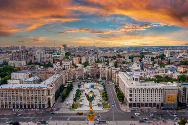 Aerial view of the Kyiv Ukraine above Maidan Nezalezhnosti Independence Monument.