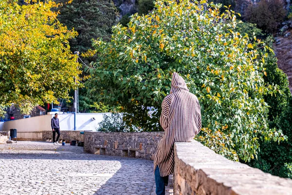 Turista relajante en la pared circundante de jardín mientras admira la naturaleza — Foto de Stock
