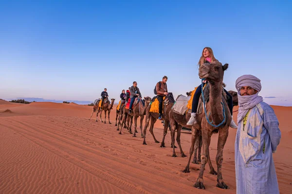 Beduin prowadzi przyczepę wielbłądów z turystami przez piasek na pustyni — Zdjęcie stockowe
