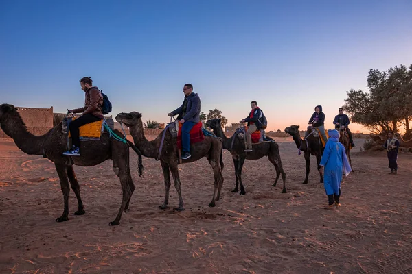 Bedouins in traditional dress standing beside tourists mounted on camels to ride — Foto Stock
