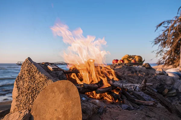 Bonfire with burning firewood on beach in evening against clear sky — 图库照片